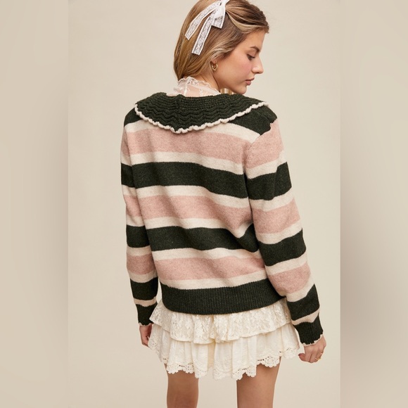 Listicle Striped Knit Cardigan with Scalloped Collar - Picture 3 of 3